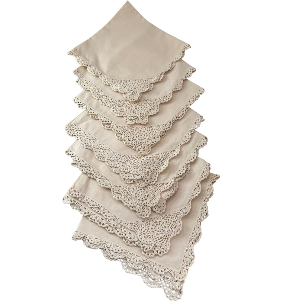 Vintage Cream Cloth Napkins Set of 8 Crocheted Lace Trim Scalloped Ivory 16in